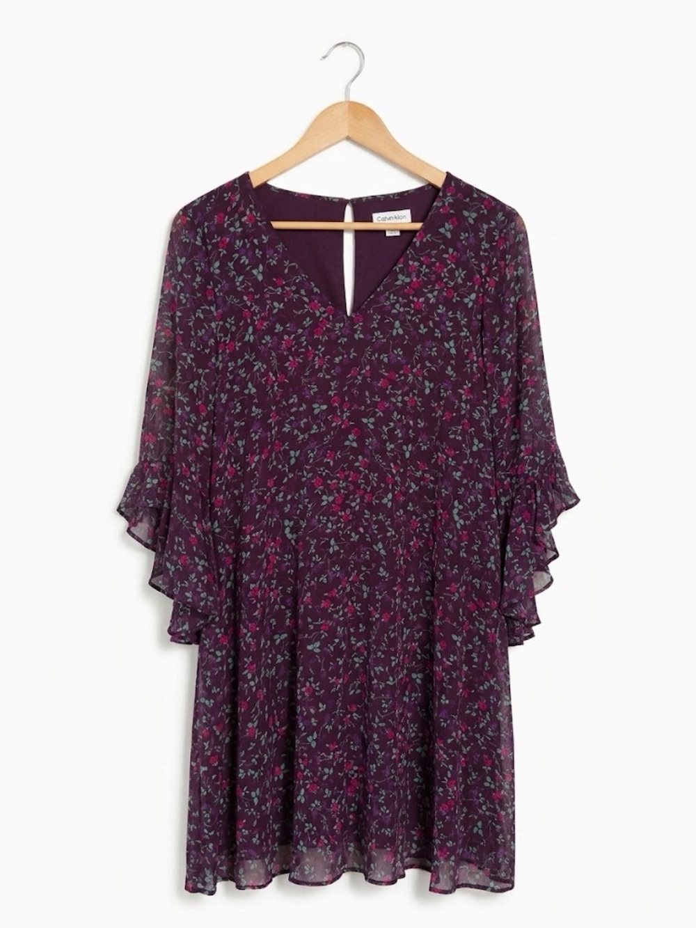 Calvin Klein NWT Floral 3/4 Ruffle Flutter Sleeve Purple Size 14